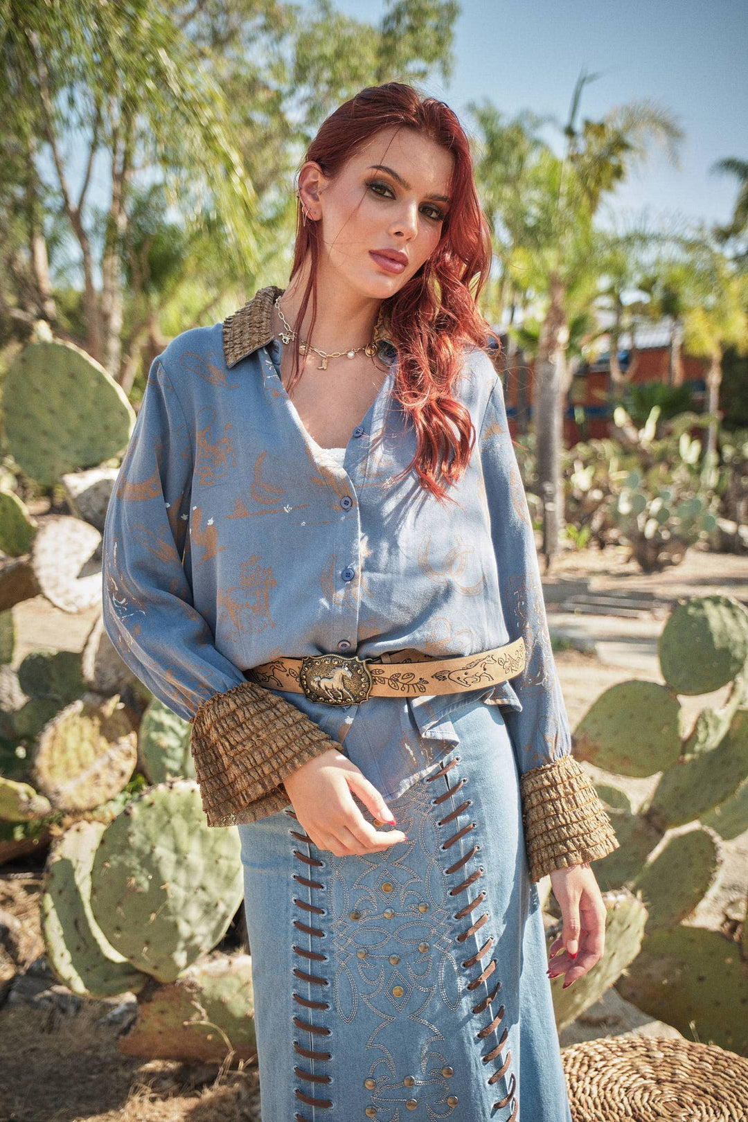 Western Printed Ruffle Cuff Shirt