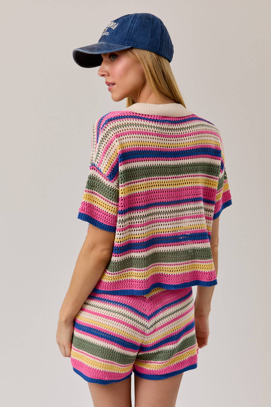 COLLARED NECK STRIPE CROCHET BUTTON DOWN TOP