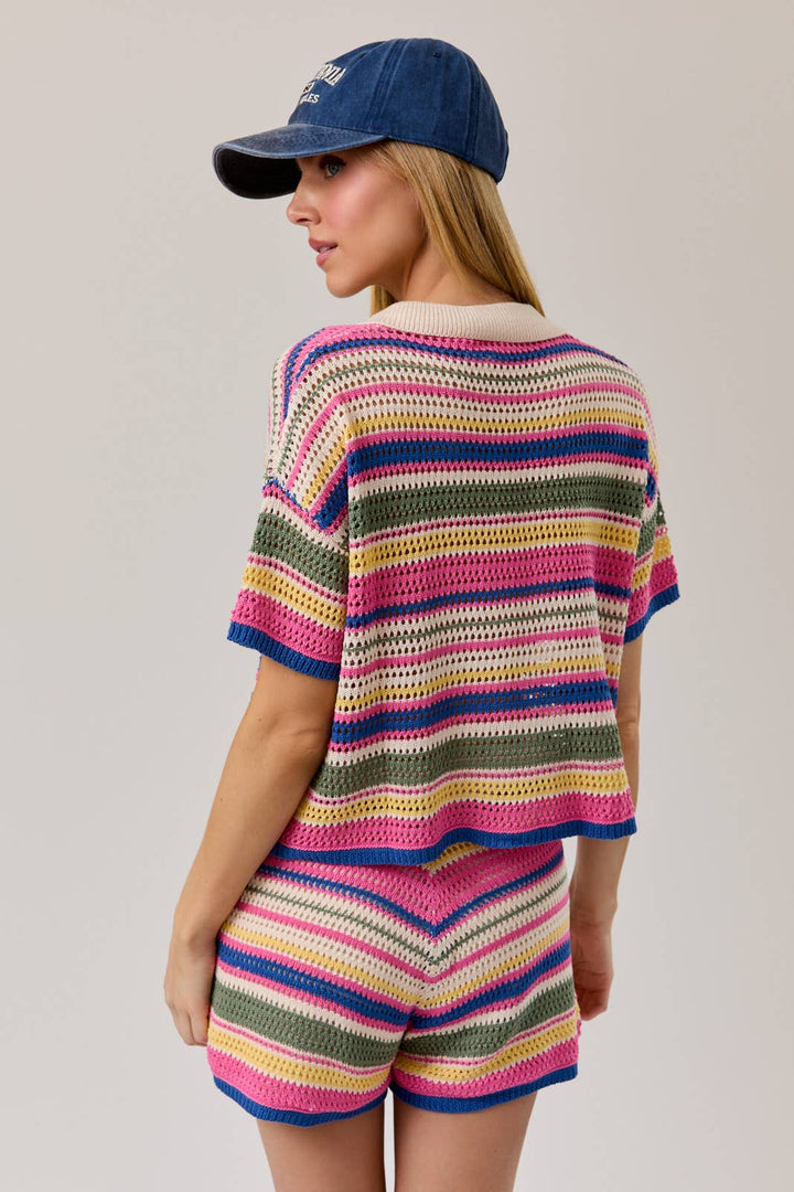 COLLARED NECK STRIPE CROCHET BUTTON DOWN TOP