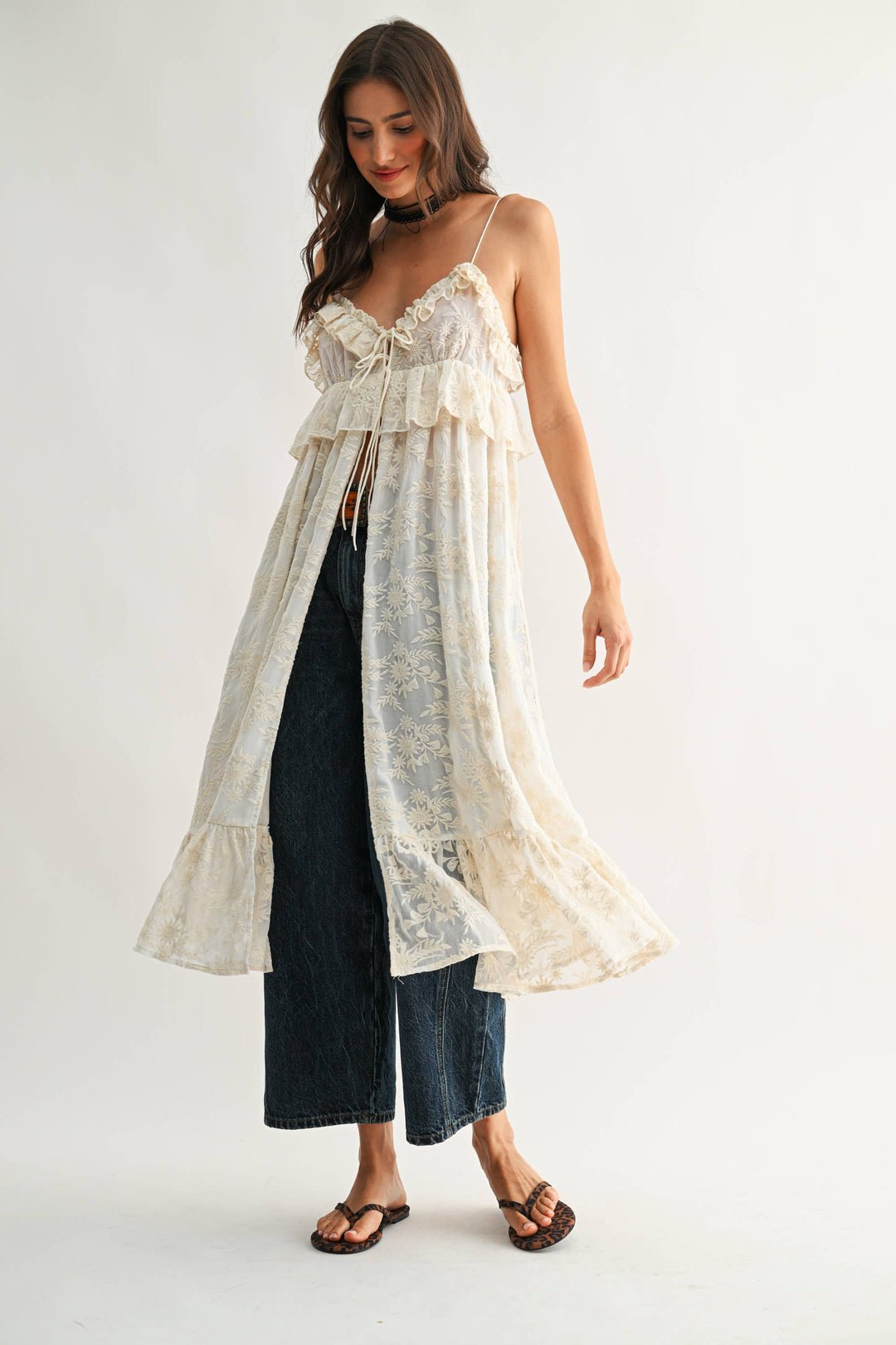 CJT27085 Sheer Floral Lace Ruffle Cover Up Top