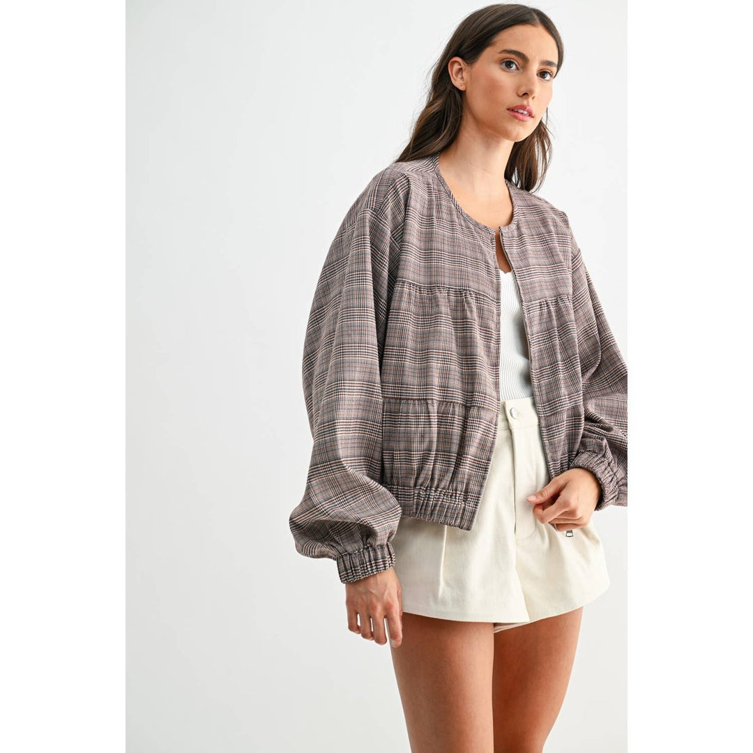 PLAID BALLON SLEEVE ZIP-UP JACKET