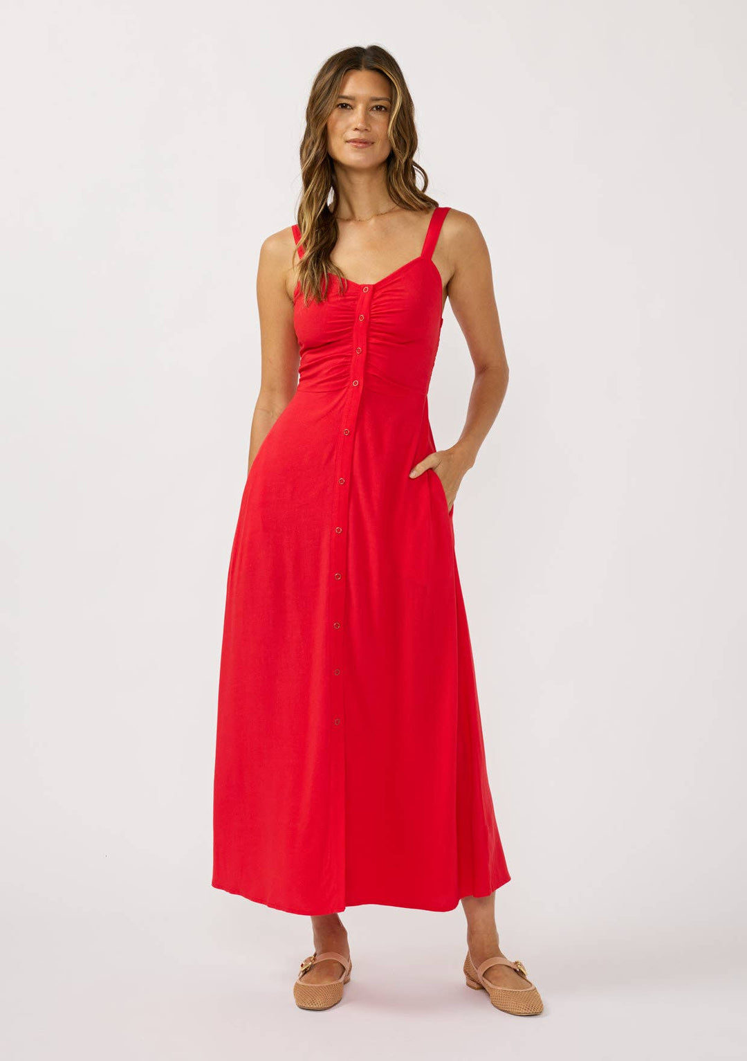 V-Neck Ruched Button Down Maxi Dress