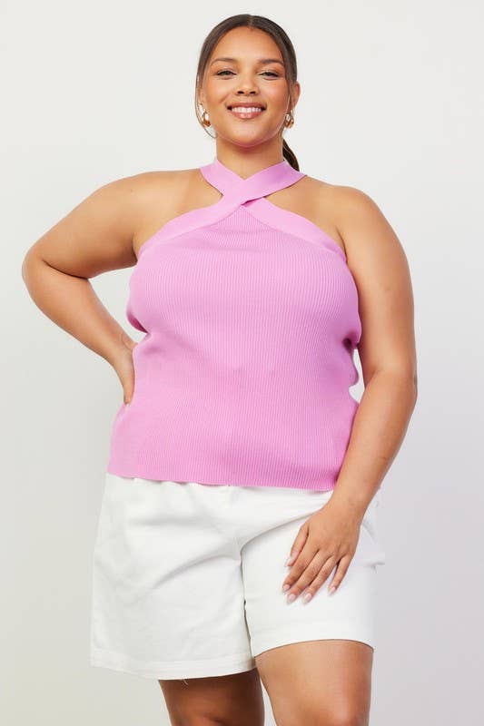 Plus Size Crossed Neck Sleeveless Sweater Top