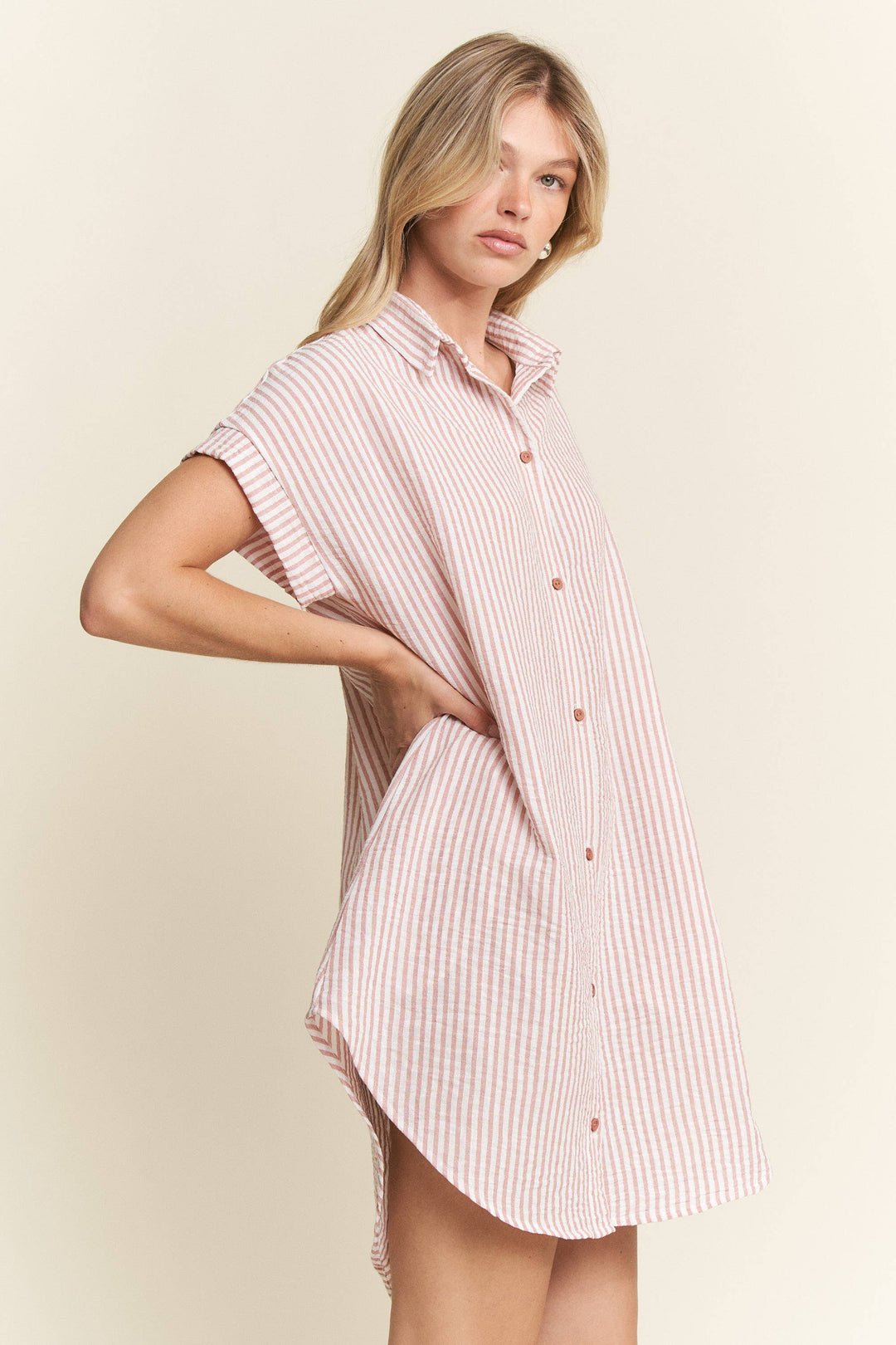 PLUS SIZE STRIPED PASTEL BUTTON DOWN MINI DRESS