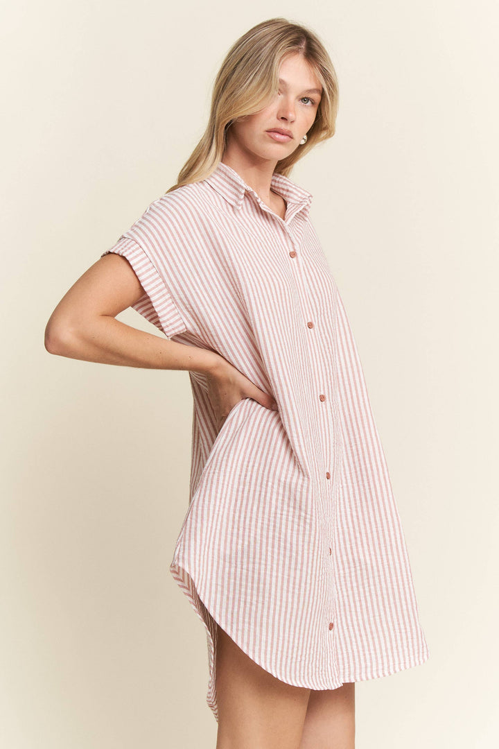 PLUS SIZE STRIPED PASTEL BUTTON DOWN MINI DRESS
