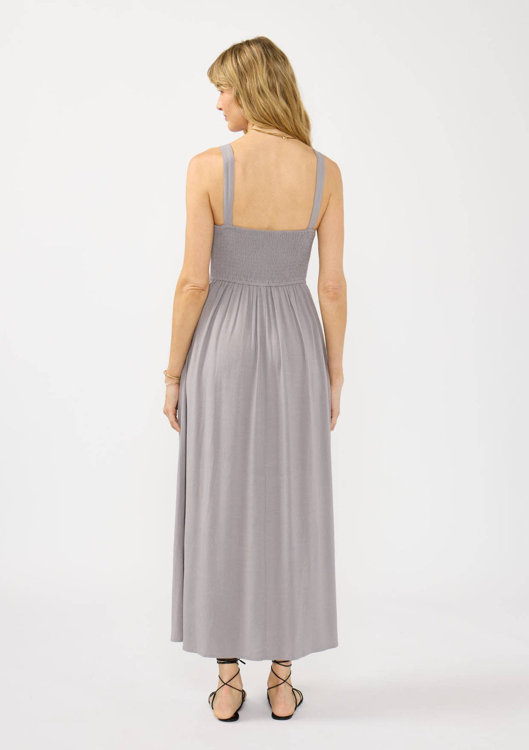 V-Neck Ruched Button Down Maxi Dress