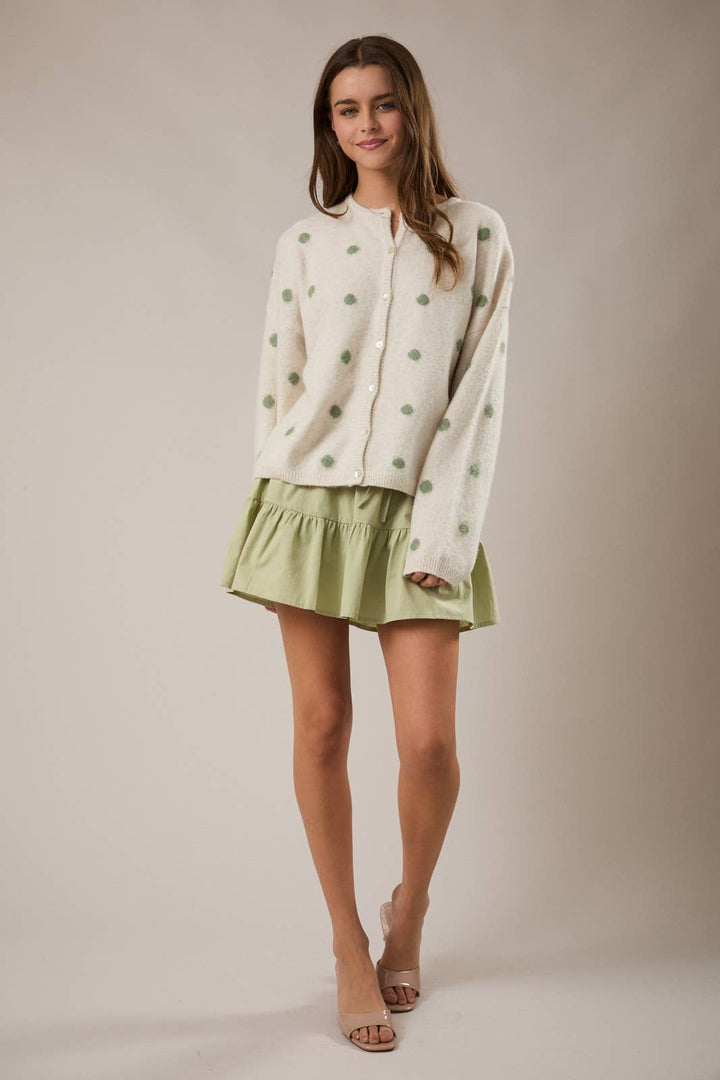 LONG SLEEVE CREW NECK POLKA DOT SWEATER CARDIGAN