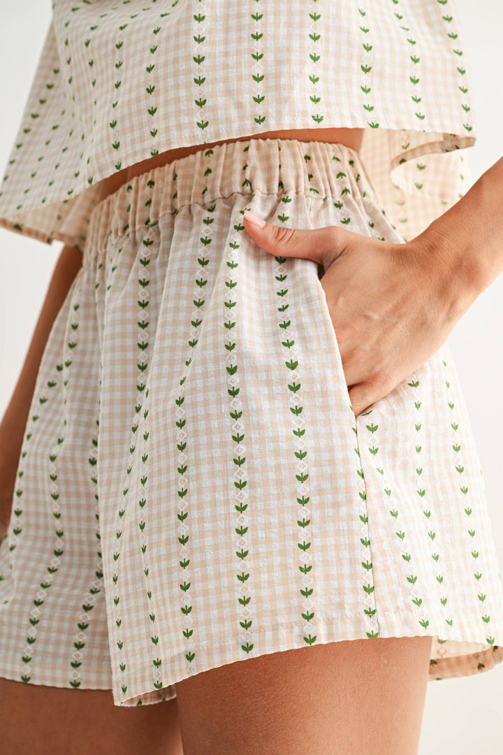 CS10208 Gingham Print Set with Tie-Front Top and Shorts