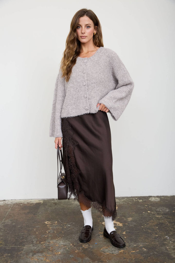 FUZZY KNIT BUTTON DOWN BOXY CARDIGAN SWEATER