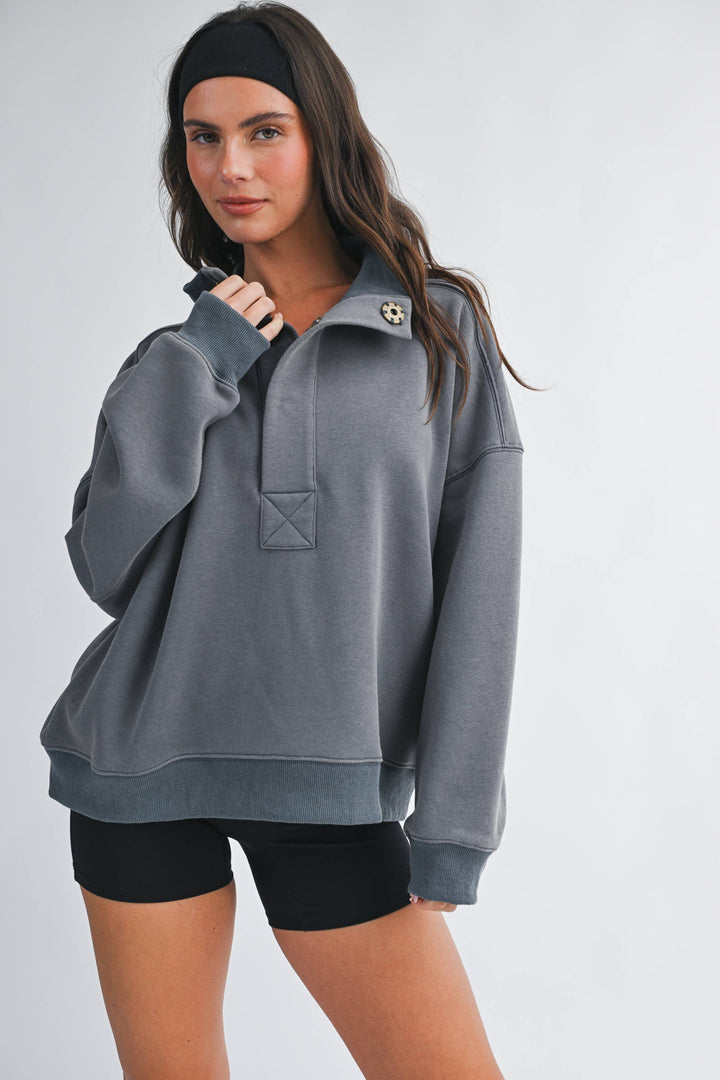 Oversized Snap Neck Pullover Sweatshirt