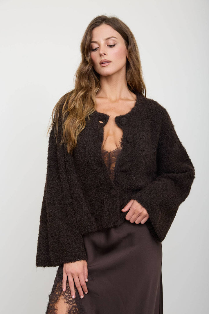 FUZZY KNIT BUTTON DOWN BOXY CARDIGAN SWEATER