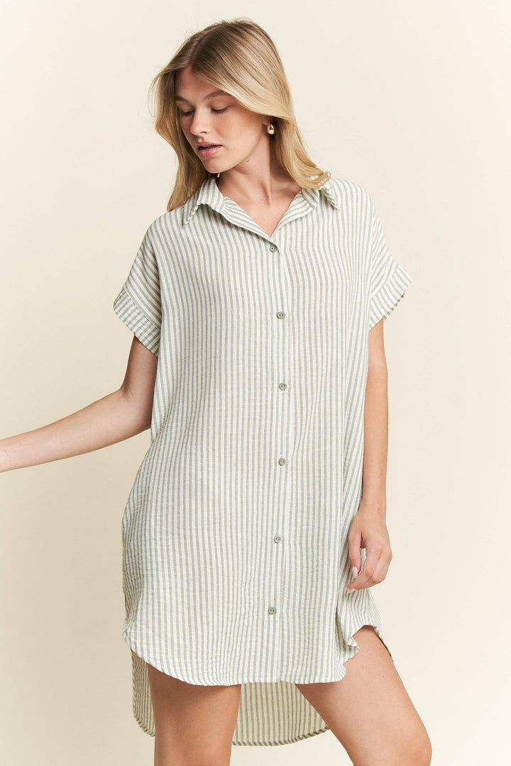 PLUS SIZE STRIPED PASTEL BUTTON DOWN MINI DRESS