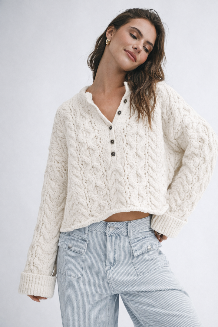 3463HK Textured Cropped Henley Knit Sweater