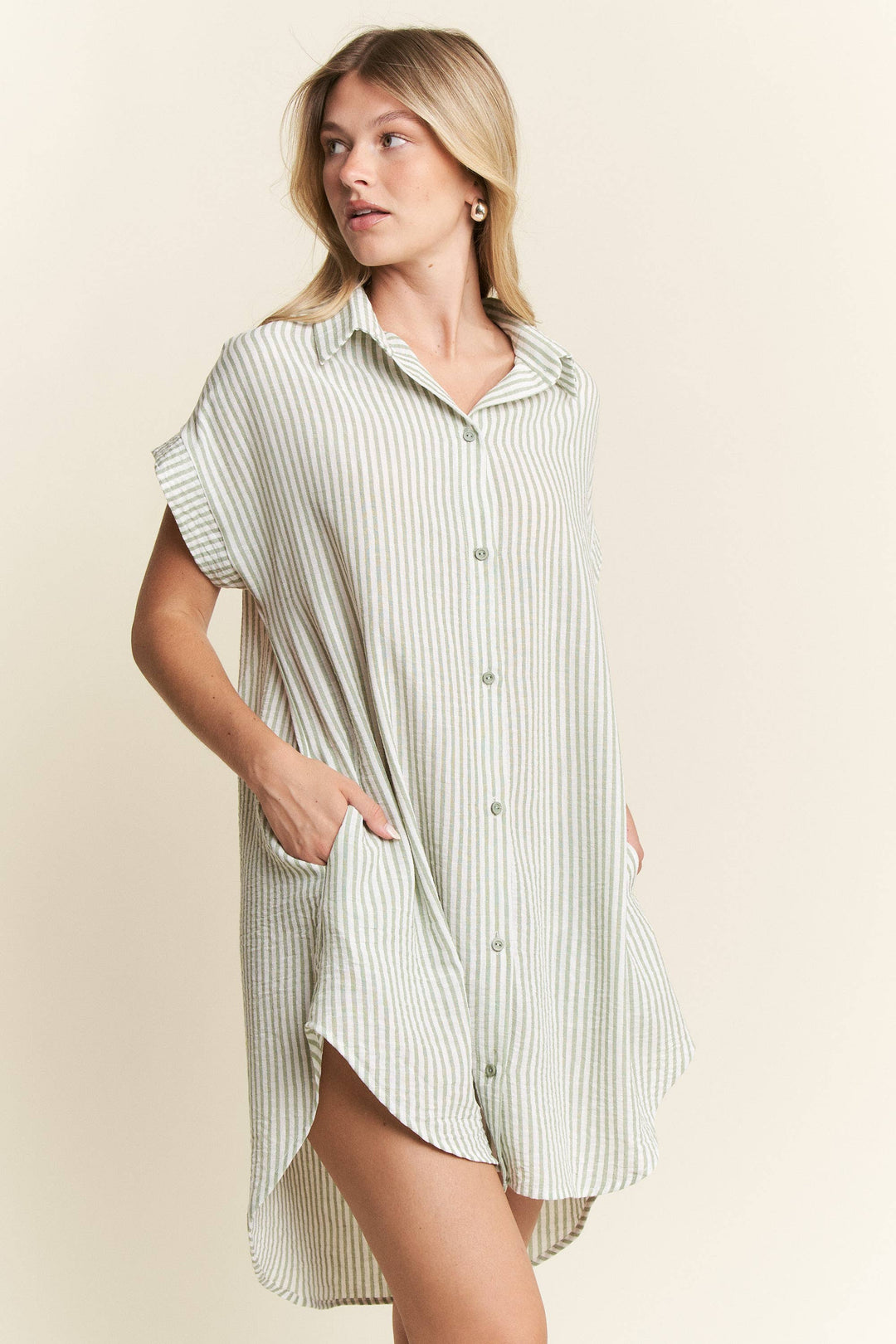 PLUS SIZE STRIPED PASTEL BUTTON DOWN MINI DRESS