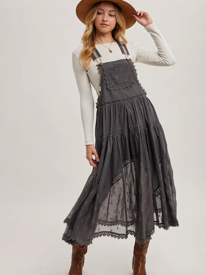 Lace Embroidered Tulle Bib Maxi Dress