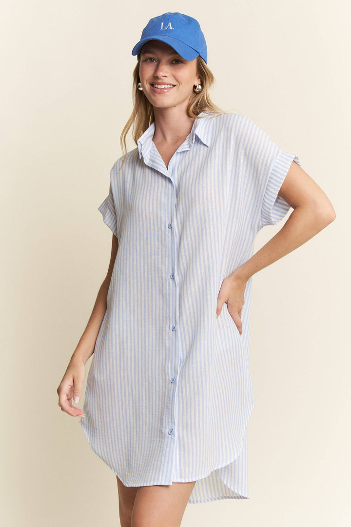 PLUS SIZE STRIPED PASTEL BUTTON DOWN MINI DRESS