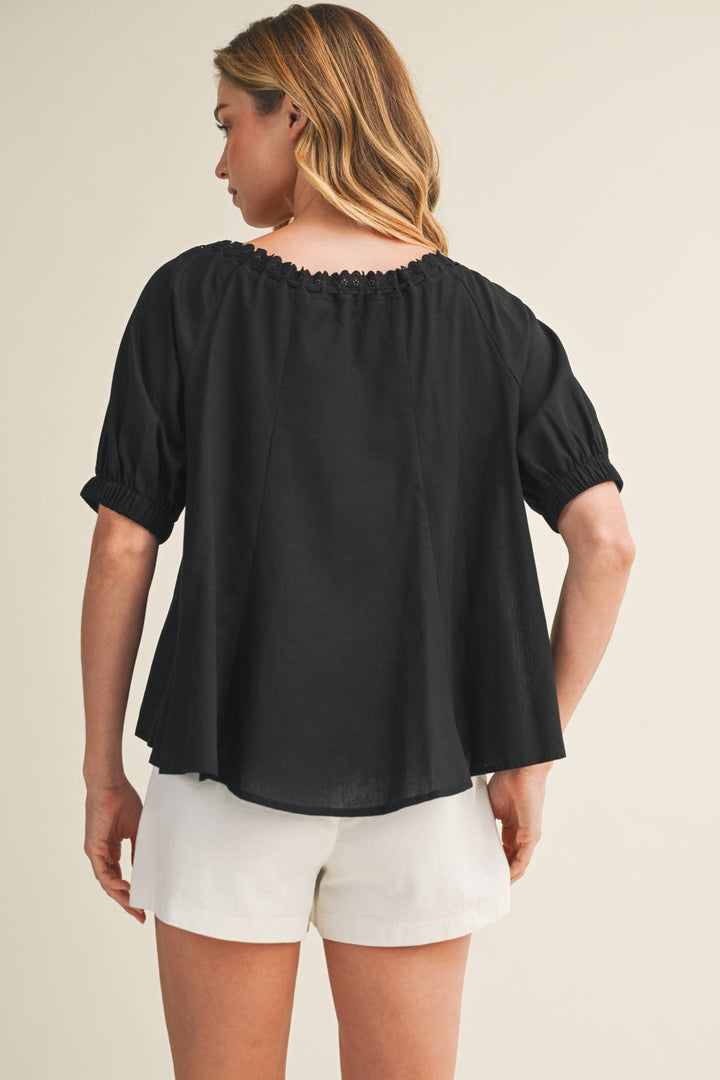 EYELET TRIM NECK PUFF SLEEVE TOP
