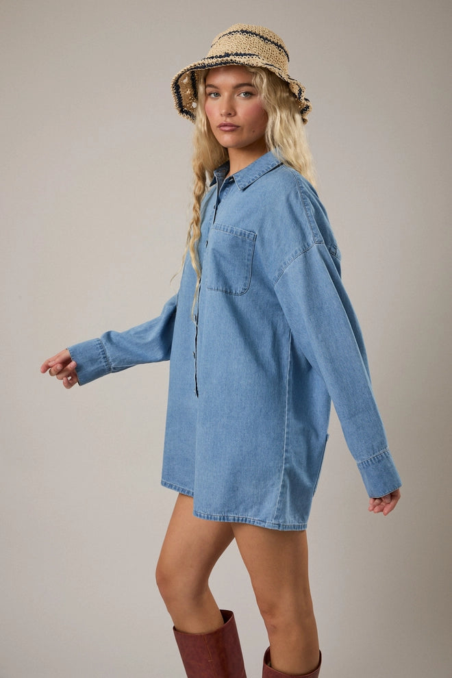 Lightweight Denim Romper | Long Sleeve Button-Front Utility Romper