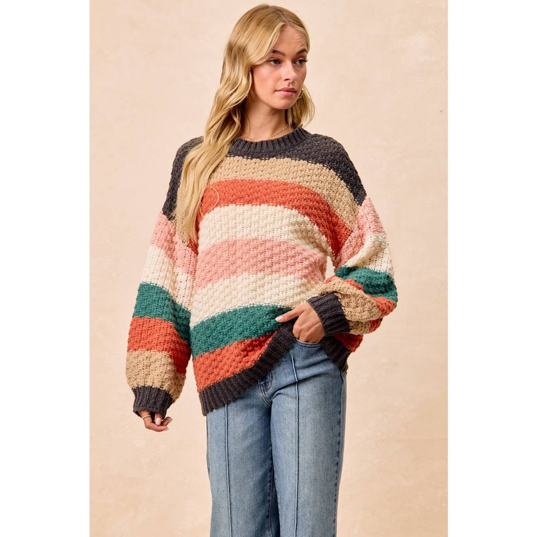 STRIPES COLOR BLOCK CHUNKY SWEATER PULLOVER