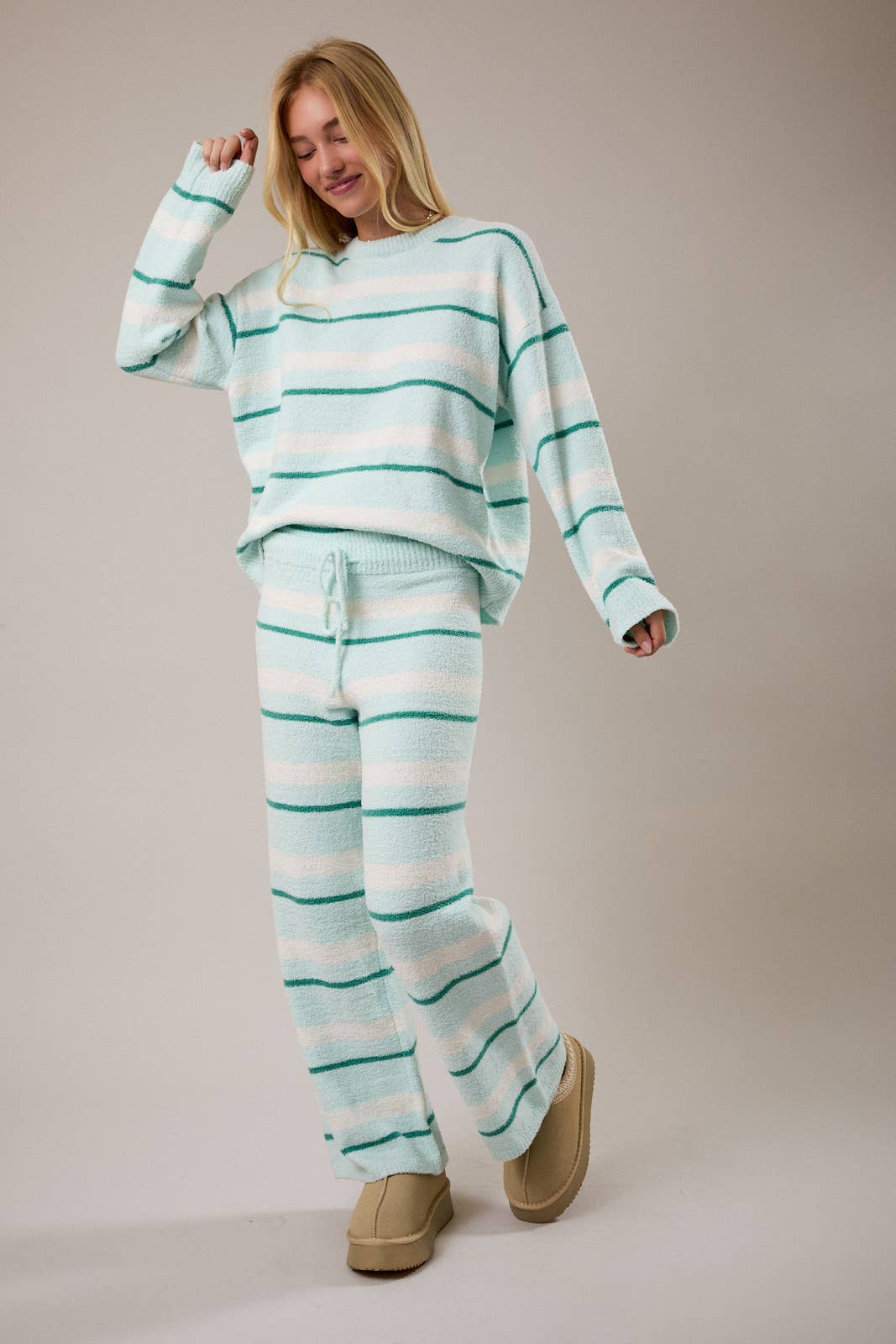 LONG SLEEVE STRIPE SWEATER TOP WITH WIDE LEG SWEATER PANTS (PREORDER)