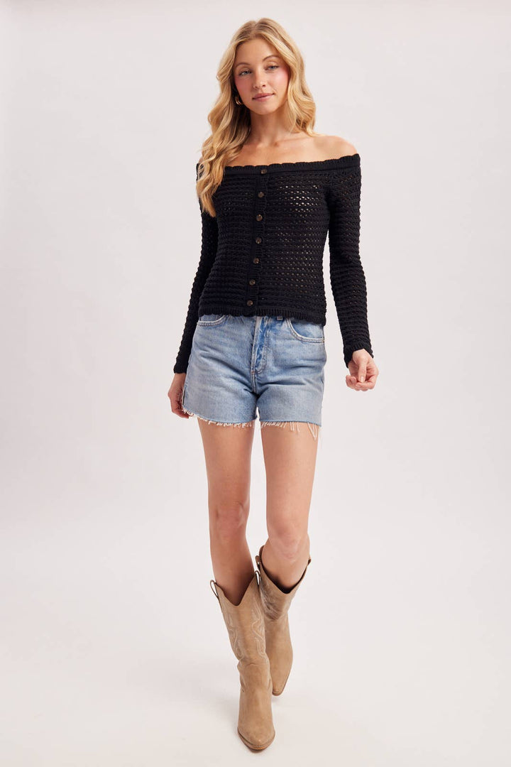 OPEN KNIT SCALLOPED TRIM OFF THE SHOULDER SWEATER TOP