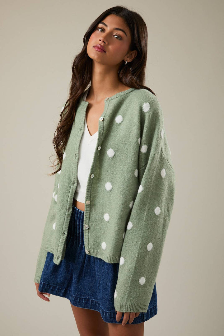 LONG SLEEVE CREW NECK POLKA DOT SWEATER CARDIGAN