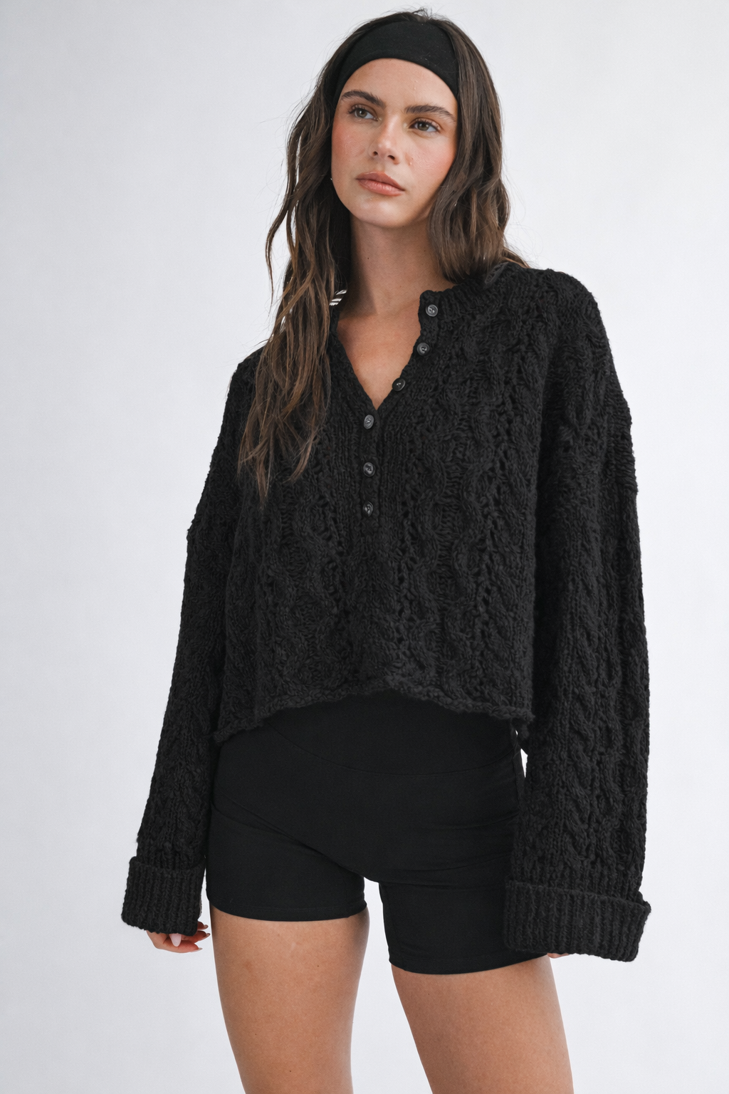 3463HK Textured Cropped Henley Knit Sweater