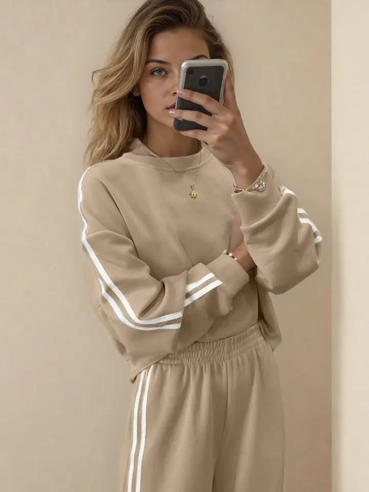 Oatmeal Varsity Athleisure Set | Pullover Sweater & Wide-Leg Pants Matching Set