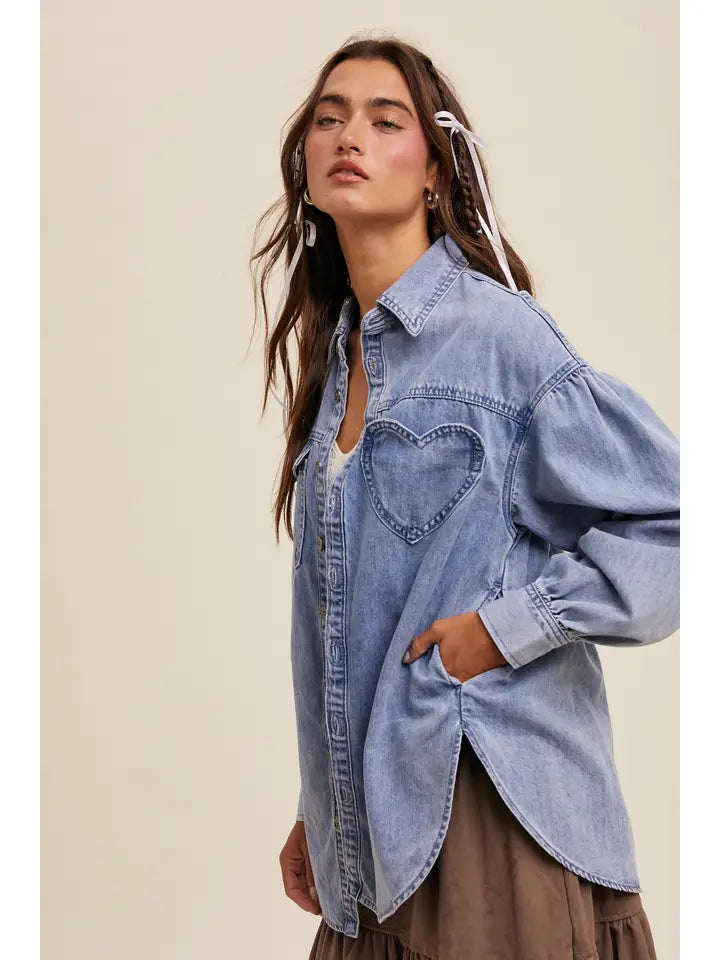 Heart Detail Oversized Denim Shirt