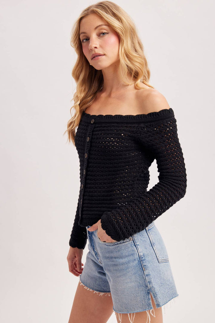 OPEN KNIT SCALLOPED TRIM OFF THE SHOULDER SWEATER TOP