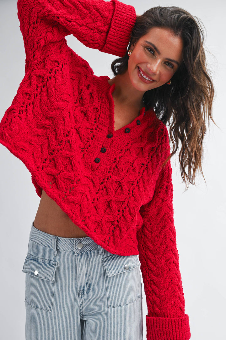 3463HK Textured Cropped Henley Knit Sweater