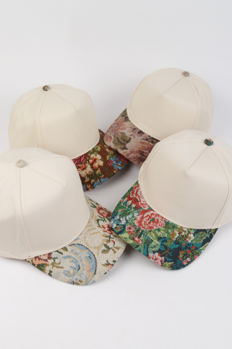 Floral Print Brocade 5 Panels Two Tone Baseball Cap