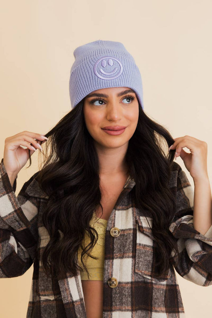 Happy Face Embroidered Ribbed Knit Beanie