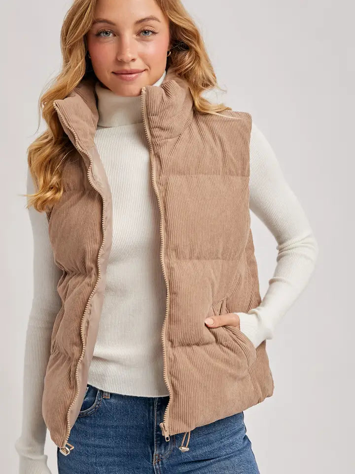 Corduroy Quilted Puffer Vest | Zip-Front Sleeveless Layering Vest