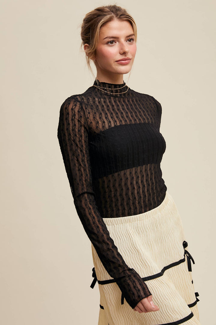 Semi Sheer Textured Lace Long-Sleeve Layering Top LT1424