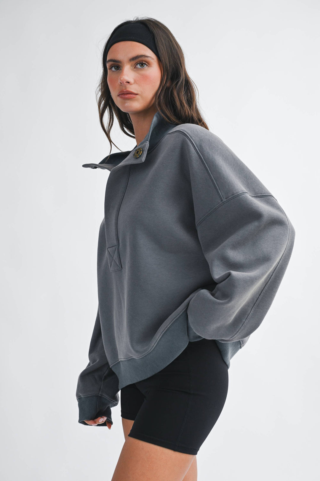 Oversized Snap Neck Pullover Sweatshirt