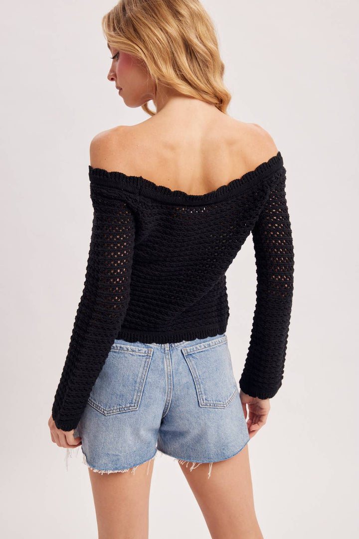 OPEN KNIT SCALLOPED TRIM OFF THE SHOULDER SWEATER TOP