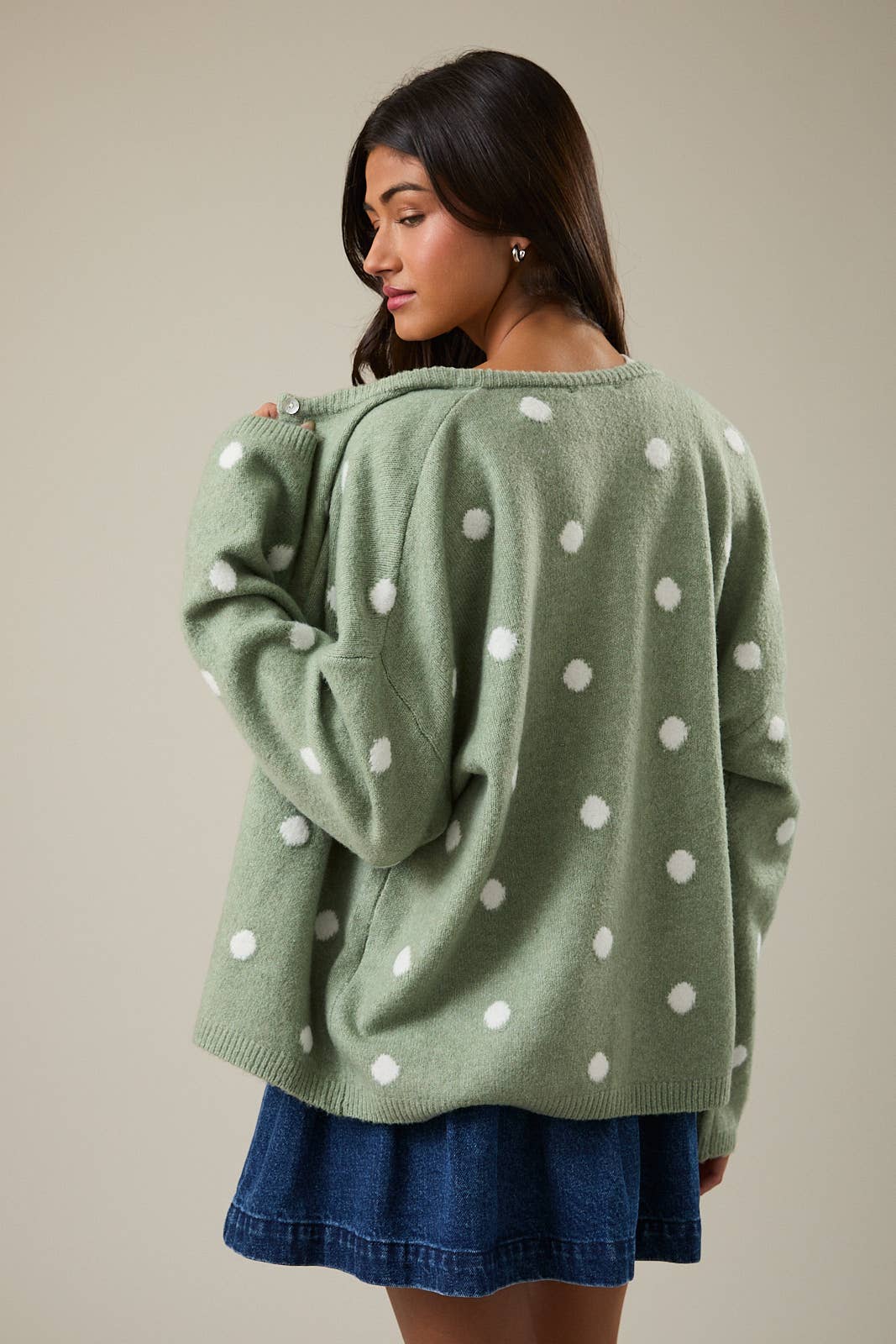 LONG SLEEVE CREW NECK POLKA DOT SWEATER CARDIGAN