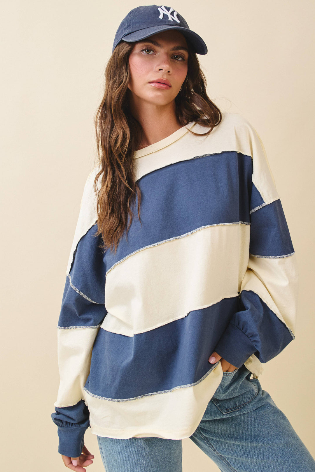 8551GN Contrast Panel Long Sleeve Slouchy Top