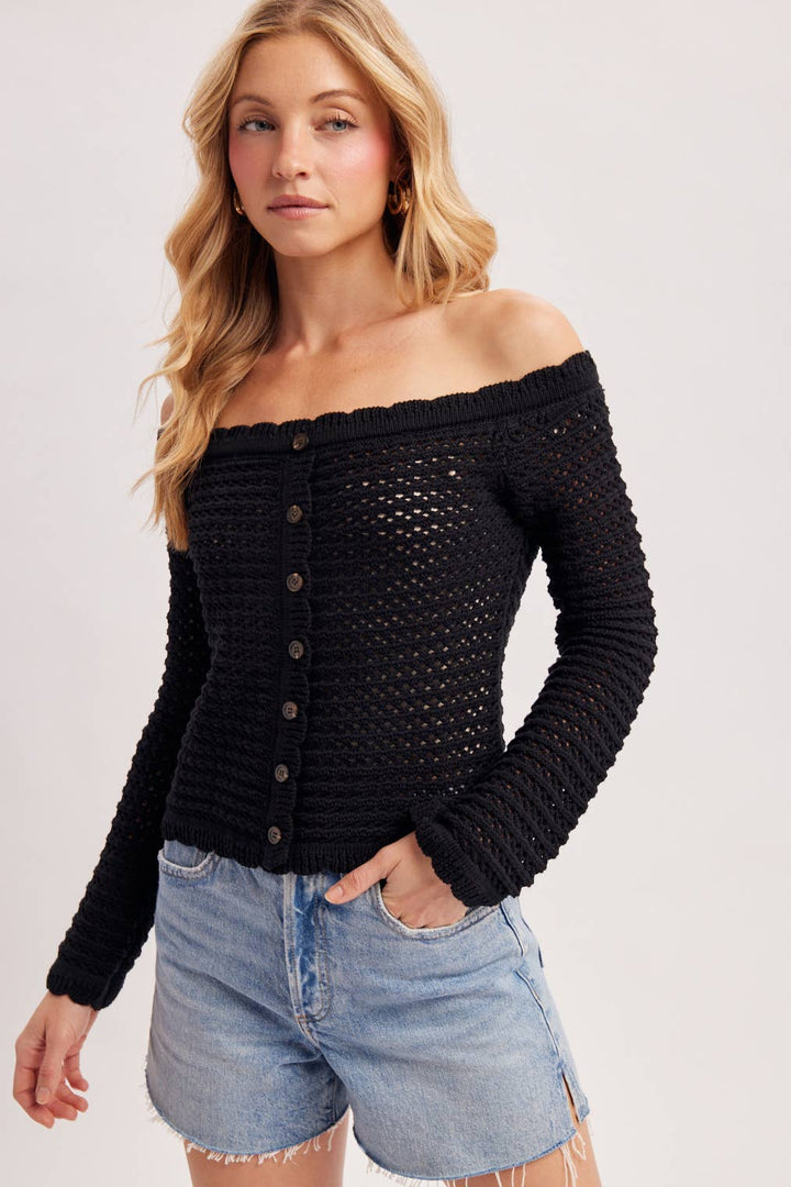 OPEN KNIT SCALLOPED TRIM OFF THE SHOULDER SWEATER TOP