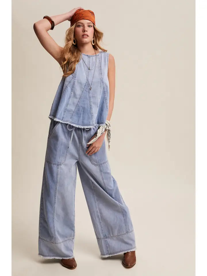 Washed Denim Tank & Wide-Leg Pants Set | Boho Western Denim Two-Piece
