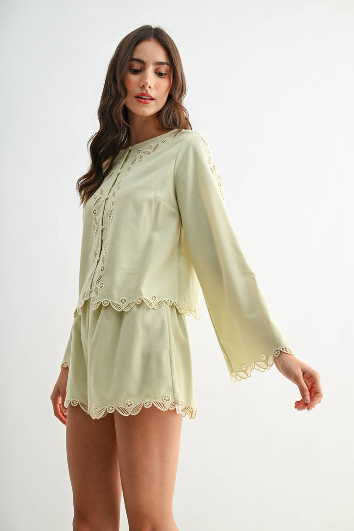 CS10207 Button-Front Lace Top and Short Set