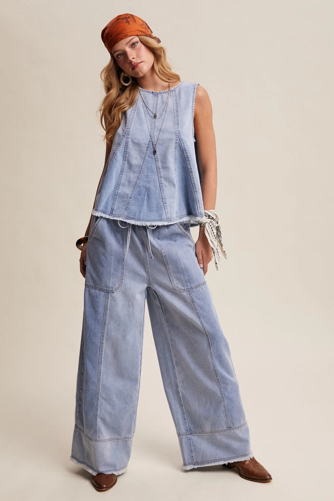 Washed Denim Tank & Wide-Leg Pants Set | Boho Western Denim Two-Piece