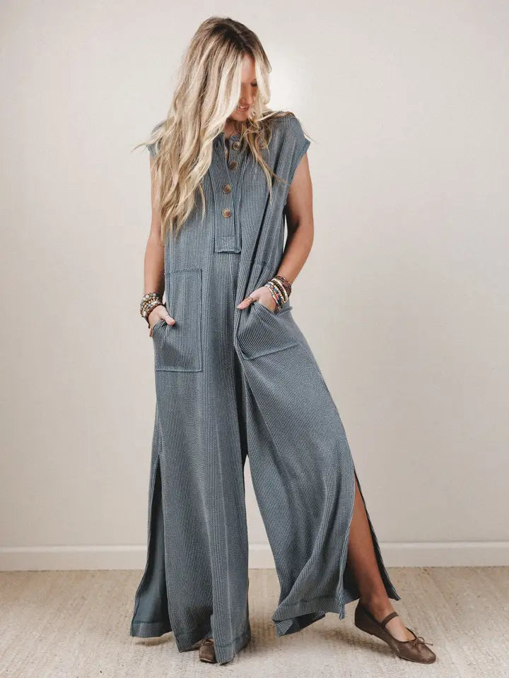 Madeline Textured Jumpsuit | Waffle Knit Wide-Leg Sleeveless Jumpsuit