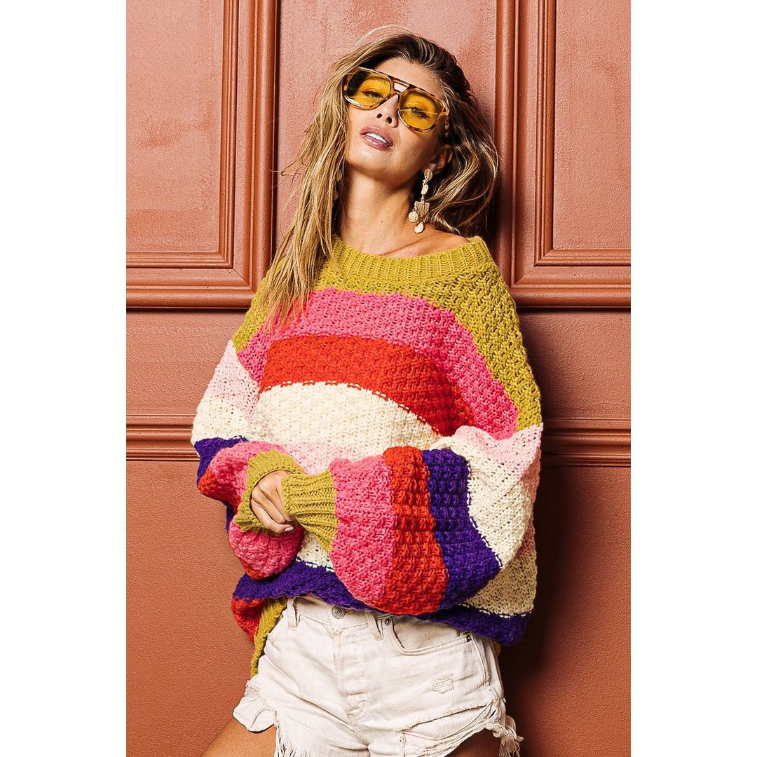 STRIPES COLOR BLOCK CHUNKY SWEATER PULLOVER