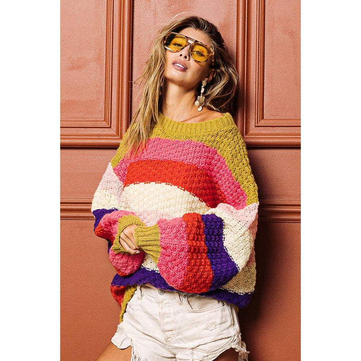 STRIPES COLOR BLOCK CHUNKY SWEATER PULLOVER
