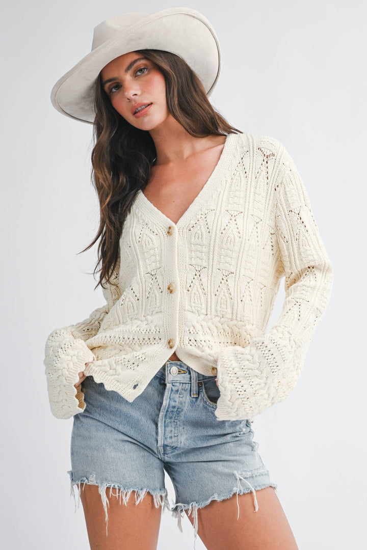 5201HK Textured Pointelle Button Front Cardigan Top