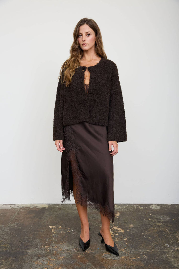FUZZY KNIT BUTTON DOWN BOXY CARDIGAN SWEATER