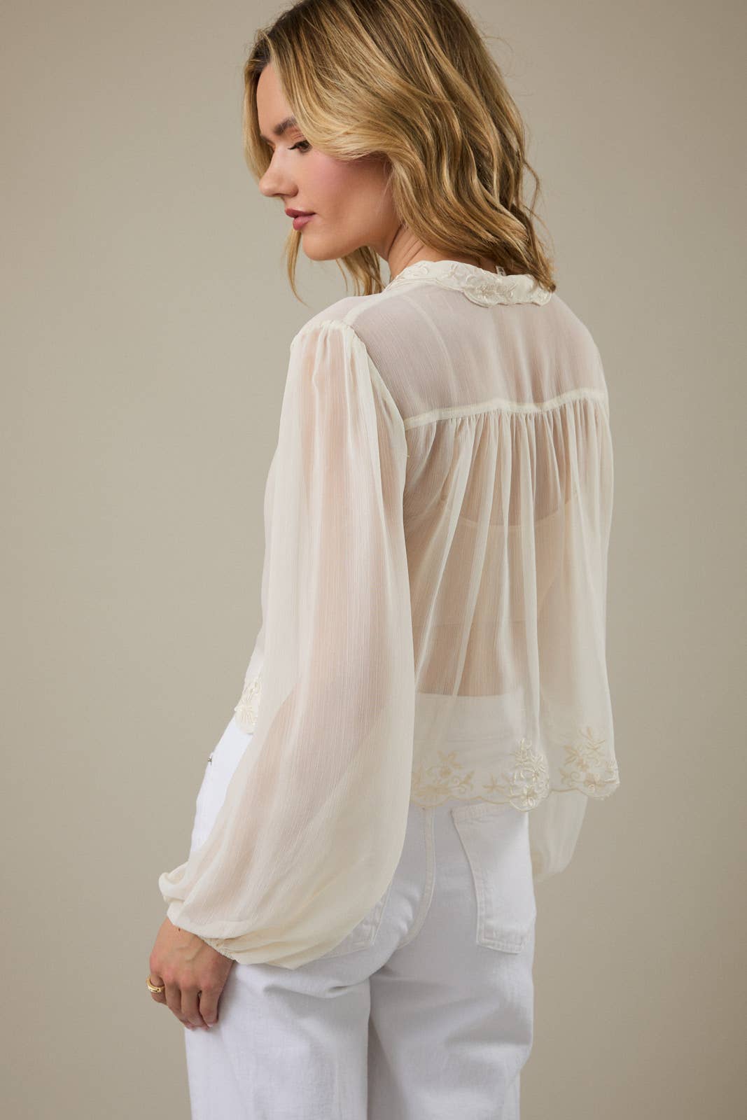 LONG SLEEVE EYELET YOKE CHIFFON BLOUSE