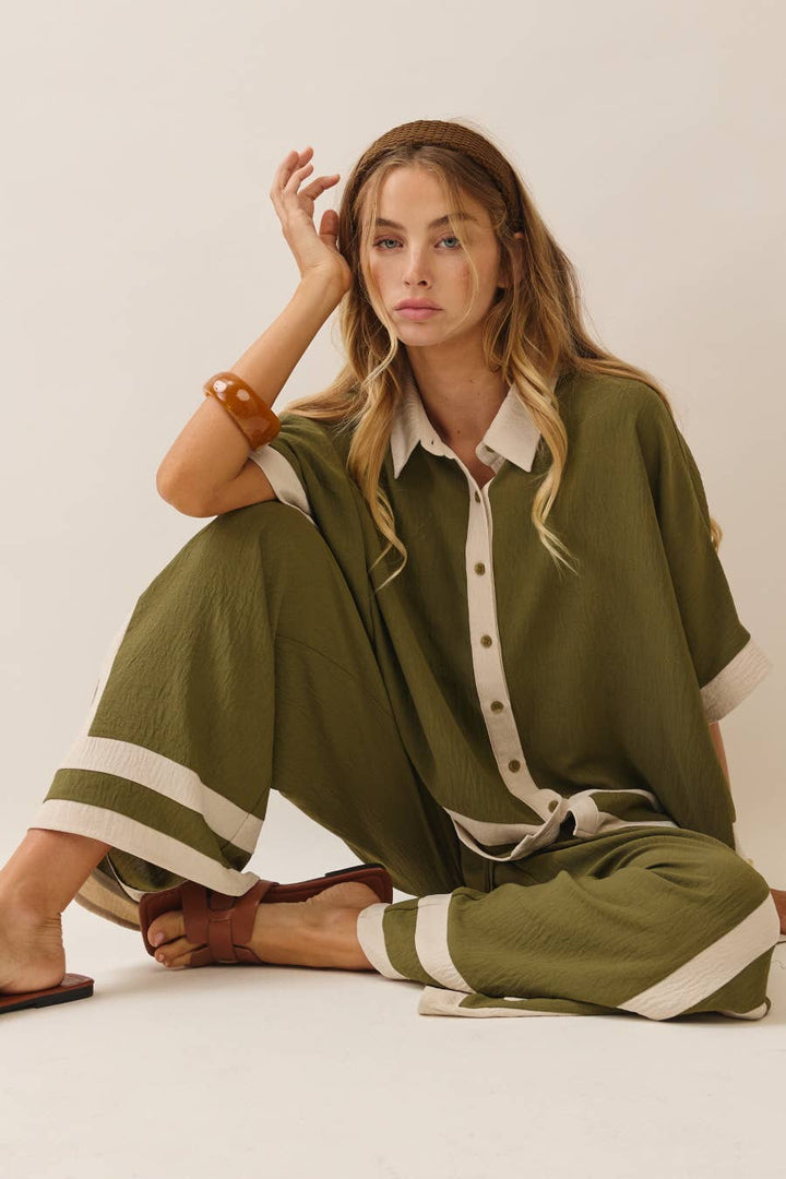 Contrast Trim Shirt With Matching Pants Set